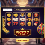 PK777 online slot game interface showing colorful reels bonus symbols and spin button on screen.